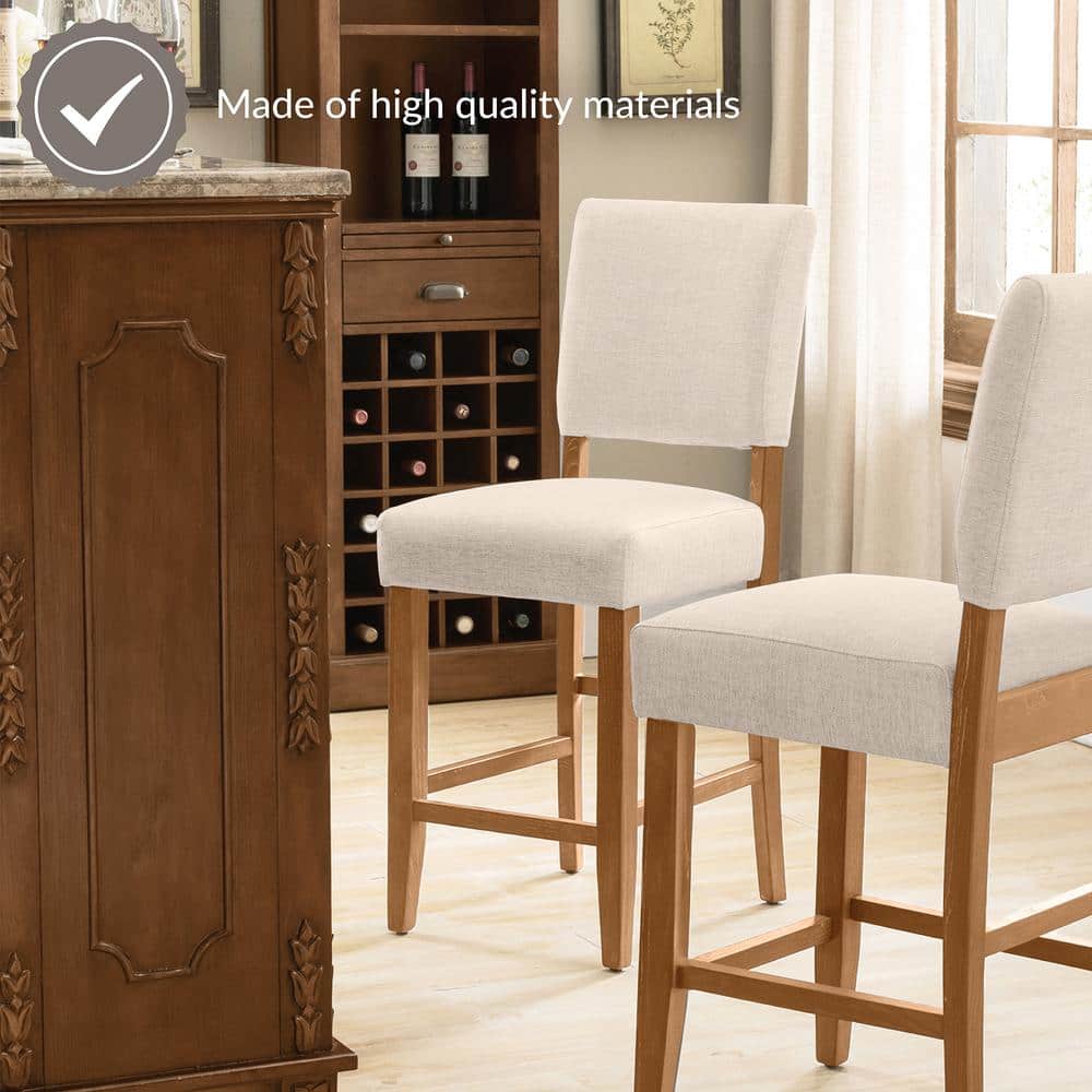 Natural White Sand Upholstered Counter Height Stools with Wood Base, Set of 2