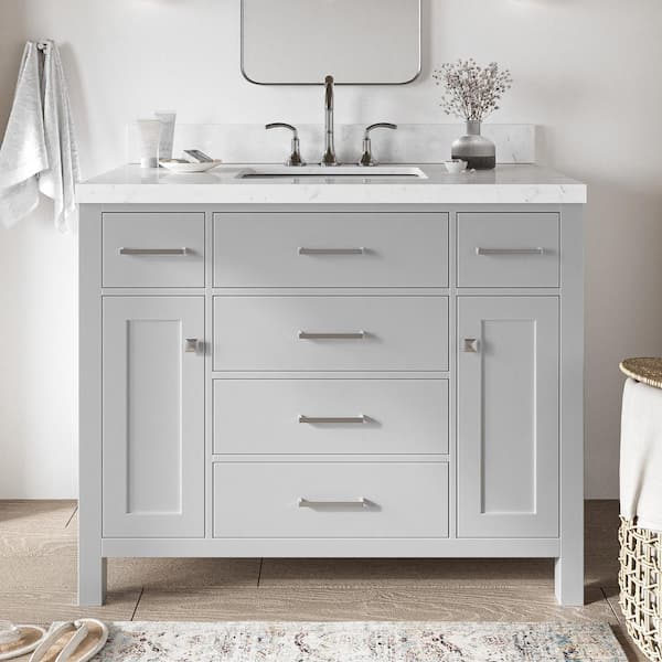 ARIEL Bristol 42.25 in. W x 22 in. D x 36 in. H Single Sink Freestanding Bath Vanity in Gray with Carrara White Quartz Top