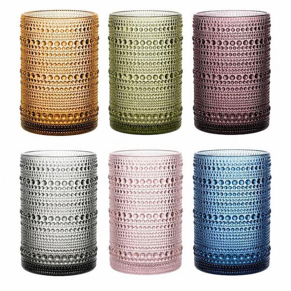 15 oz. Colored Hobnail Textured Glass Highball Drinking Glasses Set for Cocktail, Iced Coffee, Beer, Tea, Wine and Water