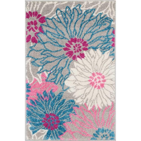 Nourison Passion Grey doormat 2 ft. x 3 ft. Floral Contemporary Kitchen Area Rug