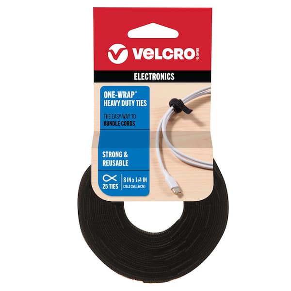 VELCRO 8 in. x 1/4 in. One-Wrap Ties, Black (25-Count)