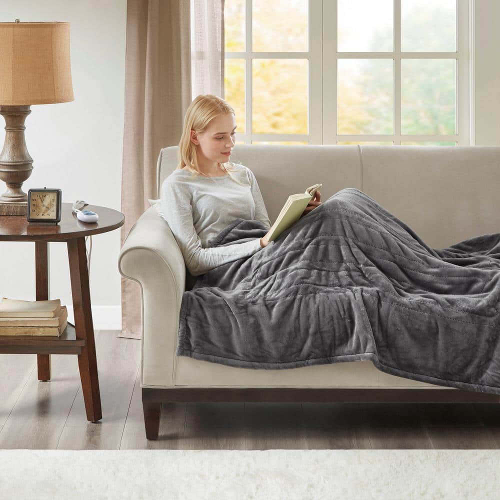 Gray Electric Heated Reversible Sherpa Throw Blanket