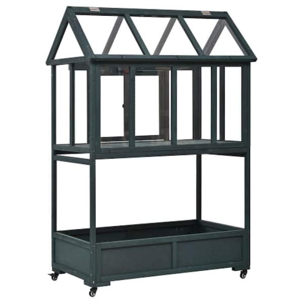 Tenleaf 23.6 in. W x 47.2 in. D x 69.3 in. H Green Wood Portable Frame Movable Wheels Greenhouse Openable Roof and Storage Box