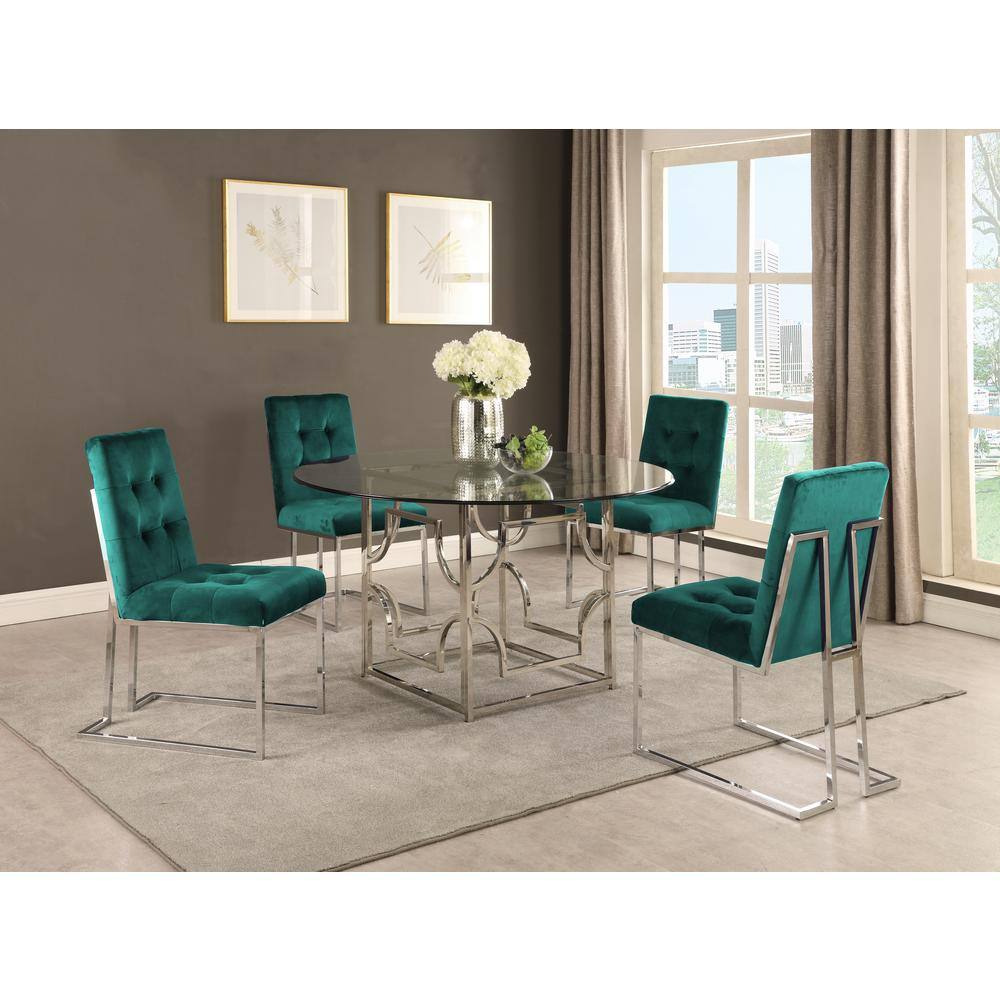 Elegant High-Backed Green Velvet Side Chair with Silver Metal Legs