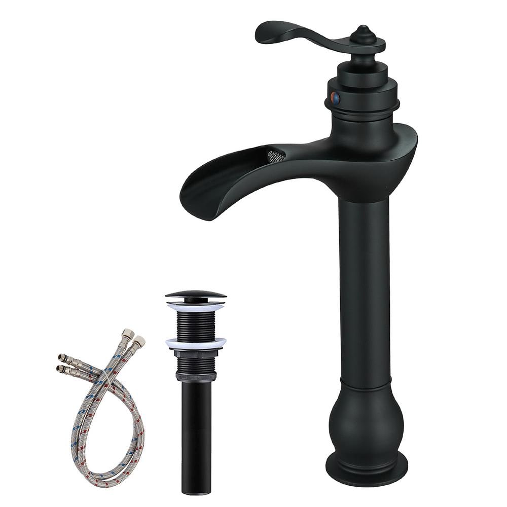 Matte Black Tall Vessel Sink Faucet with Waterfall Spout and Drain Assembly