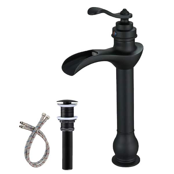 BWE Waterfall Single Hole Single-Handle Vessel Bathroom Faucet With Pop-up Drain Assembly in Matte Black