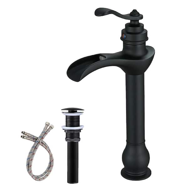 HOMEMYSTIQUE Single Handle Waterfall Vessel Sink Faucet with Drain Kit Included in Matte Black
