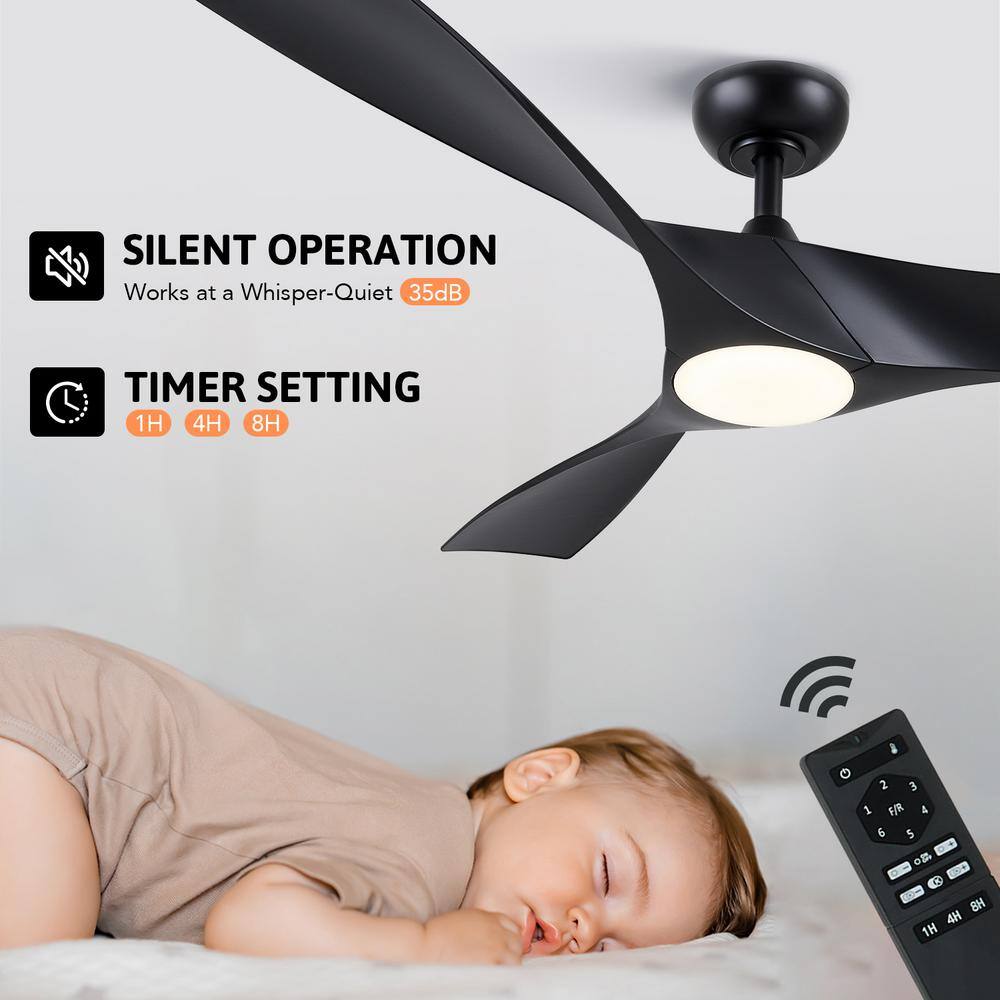 52" Black Modern Ceiling Fan with Dimmable LED Light and Remote
