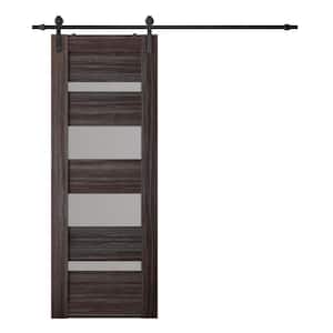 Mirella 28 in. x 80 in. 4-Lite Frosted Glass Gray Oak Wood Composite Sliding Barn Door with Hardware Kit