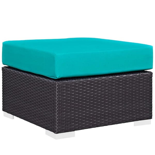 MODWAY Convene Wicker Outdoor Patio Fabric Square Ottoman in Espresso with Turquoise Cushion