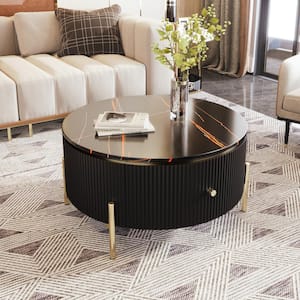 31.5 in. Black Round Modern MDF Nesting Coffee Table with 2 Large Drawers for Living Room