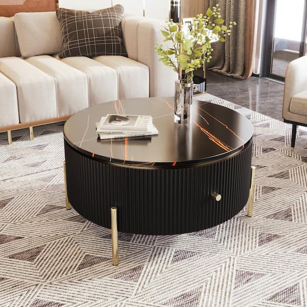 Unbranded 31.5 in. Black Round Modern MDF Nesting Coffee Table with 2 Large Drawers for Living Room
