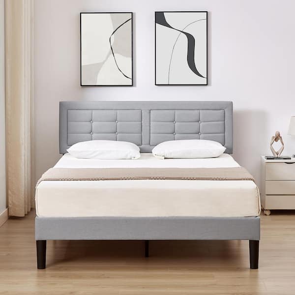 VECELO Upholstered Bed Light Gray Wood and Metal Frame Queen Platform Bed with Adjustable Headboard Bed Frame