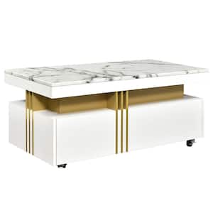 Luxury 39.3 in. White Rectangle Faux Marble Coffee Table with 2-Drawers and Caster Wheels