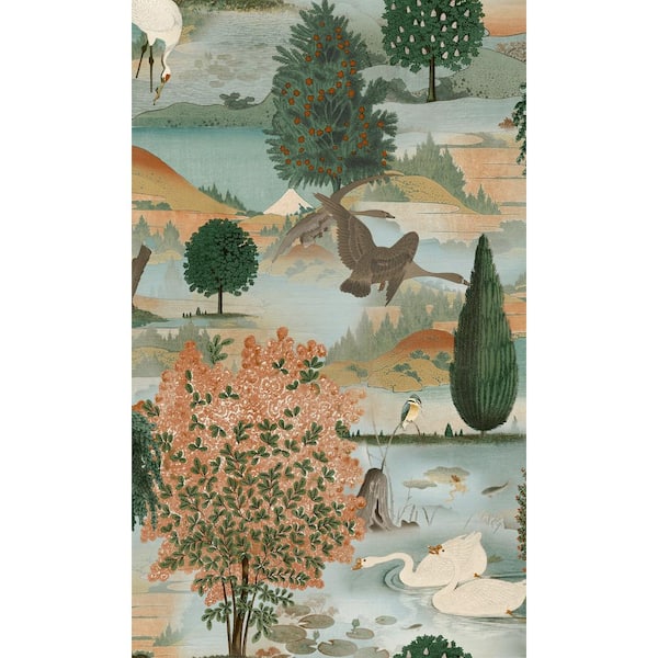 Walls Republic Orange Green Blissful Lake Nature Non-Woven Paper Non-Pasted the Wall Double Roll Wallpaper