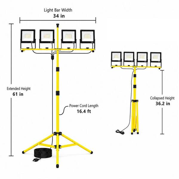 28000 Lumens 4-Head LED Work Light ,110V Plug-In, Foldable Tripod,16.4 ft. Cord,Waterproof Job Site Light (2-Pack)