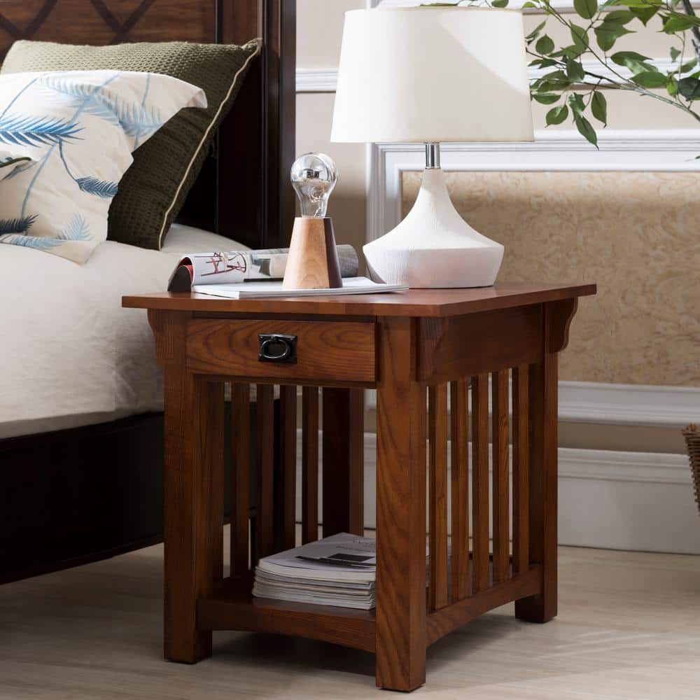 Medium Oak Mission Style End Table with Drawer and Shelf