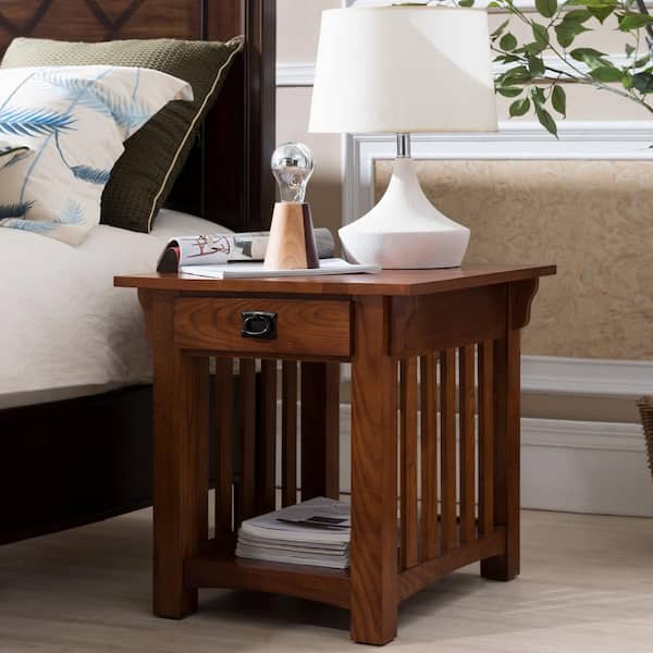 25 in. W Mission Impeccable Medium Oak Rectangle Wooden Top 1-Drawer Side Table with Shelf