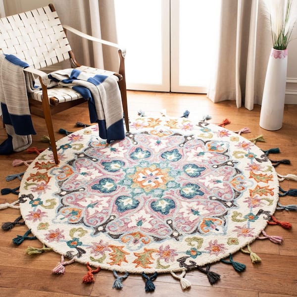 Novelty 4 ft. x 4 ft. Pink/Blue Paisley Round Area Rug