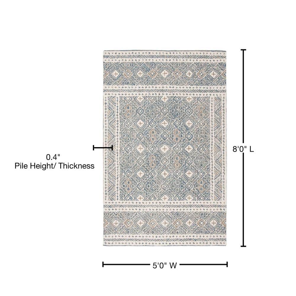 Ivory and Blue Handmade Wool Tufted Area Rug, 5' x 8'
