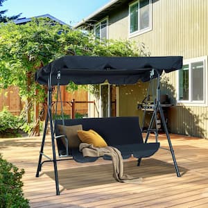 3-Person Patio Glider Swing Chair With Stand, Porch Lawn Swing With Removable Cushion And Convertible Canopy, Black