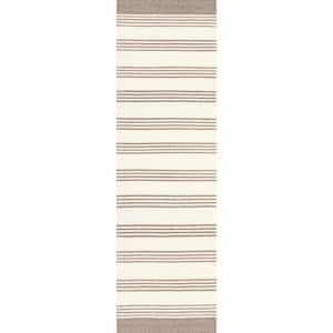 Arvin Olano Sage Striped Wool-Blend Beige 2 ft. x 8 ft. Indoor/Outdoor Patio Runner Rug