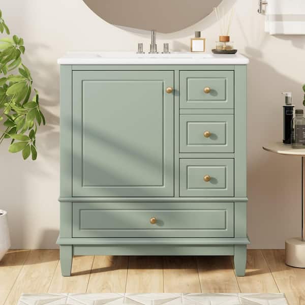 30 in. Single Sink Freestanding Light Green Bath Vanity with White Ceramic Top and 3 Drawer Storage Cabinet Unassembled