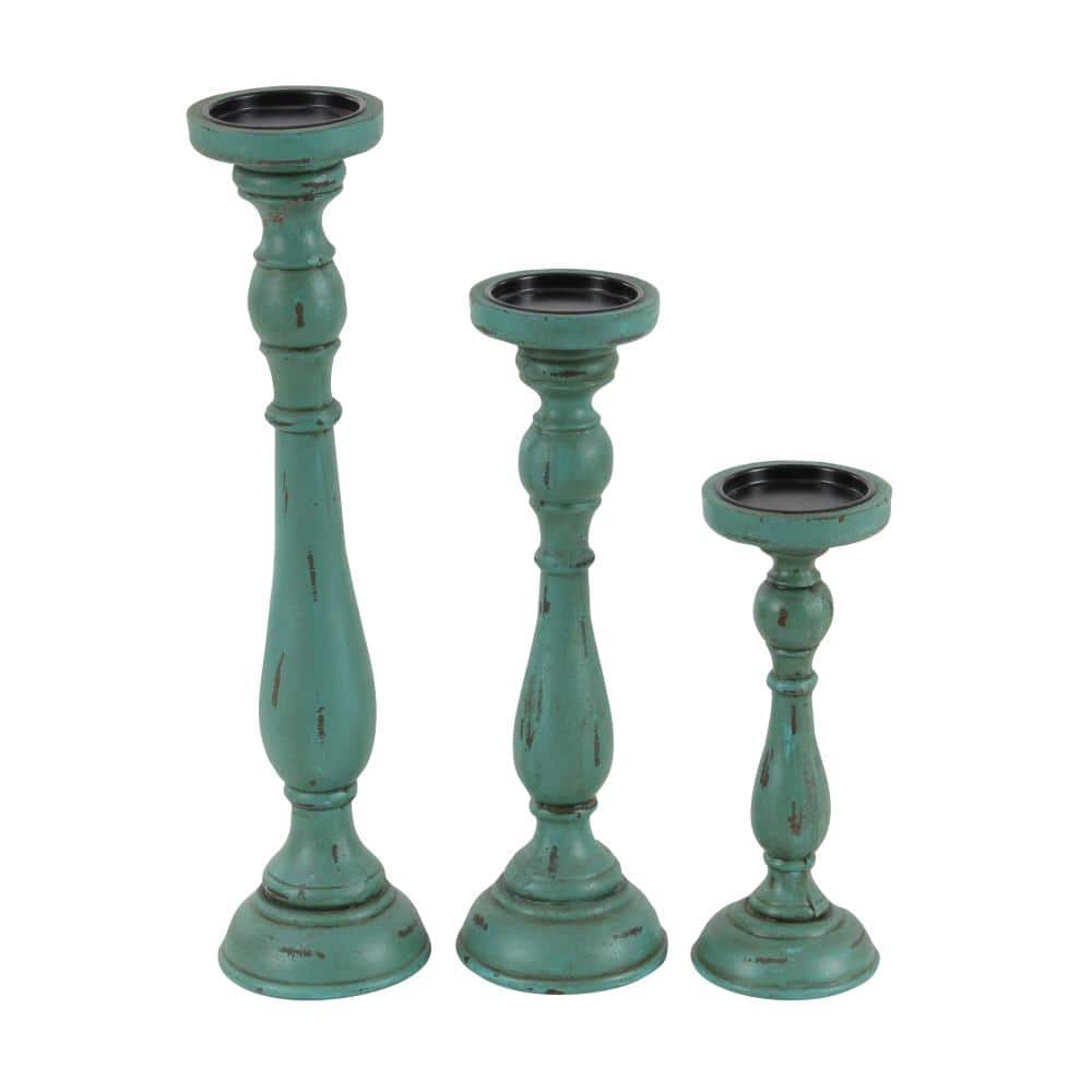 Teal Wood Fluted Pillar Candle Holders Set of 3