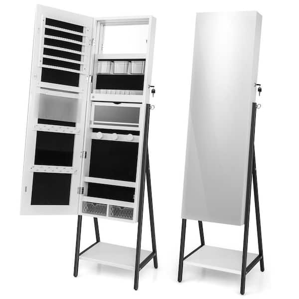 16 in. x 62 in. White Freestanding Lockable MDF Jewelry Armiore with Full-Length Mirror
