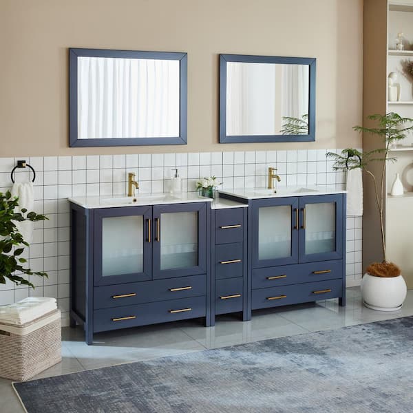 Brescia 84 in. W x 18 in. D x 36 in. H Double Sink Bathroom Vanity in Blue with White Ceramic Top and Mirror