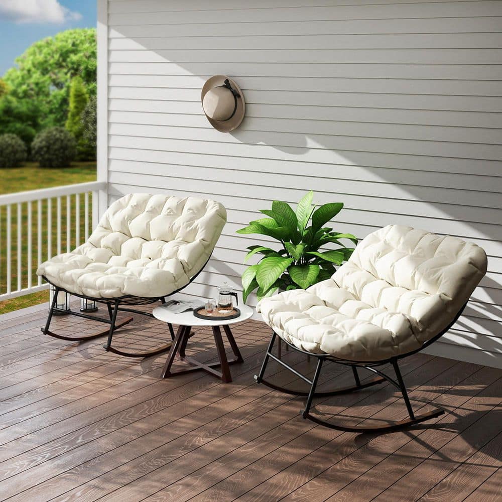 Outsunny Metal Outdoor Rocking Chair with Beige Cushion 2-Pack 84G