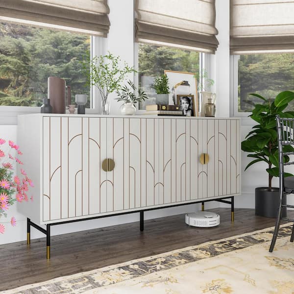 FUFU&GAGA Gray Geometric Patterns Accent Storage Cabinet in Gray and Black With Adjustable Shelves and Metal Legs