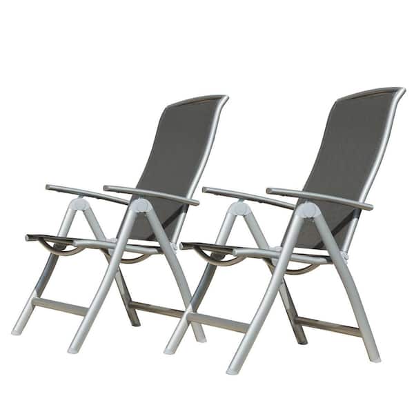 Set of 2 Dark Gray Aluminium Folding Lawn Chairs Adjustable High Back with Textilene Fabric Seat