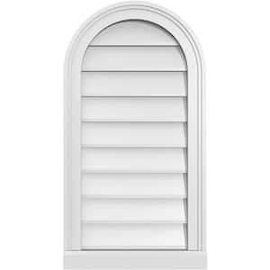 16 in. x 30 in. Round Top Surface Mount PVC Gable Vent: Decorative with Brickmould Sill Frame