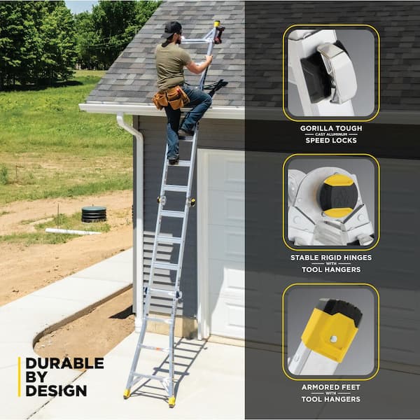 Gorilla Ladders - 18 ft Reach Aluminum Multi-Position Ladder with Tool Hangers, 300 lbs. Load Capacity, Type IA Duty Rating