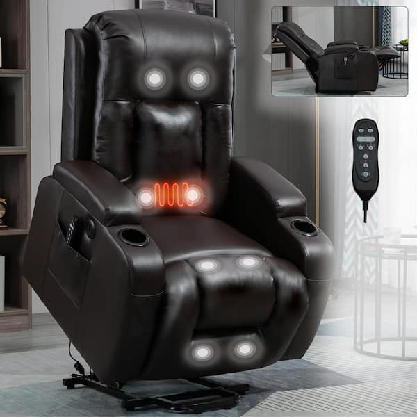 J&E Home Dark Brown Faux Leather Motor Power Lift Massage Recliner Chair with Heat Massage and Cup Holders