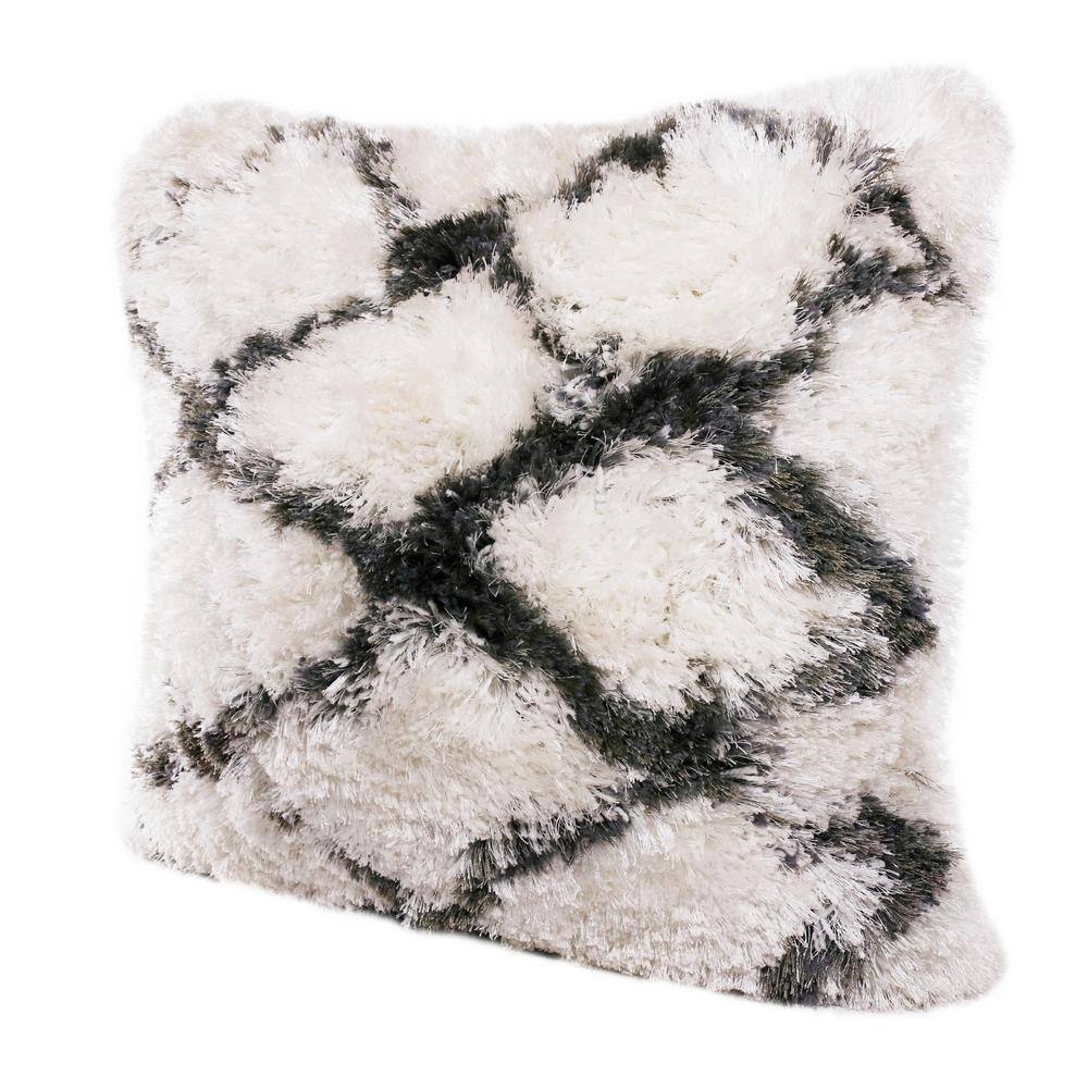 20" White and Black Diamond Shag Throw Pillow