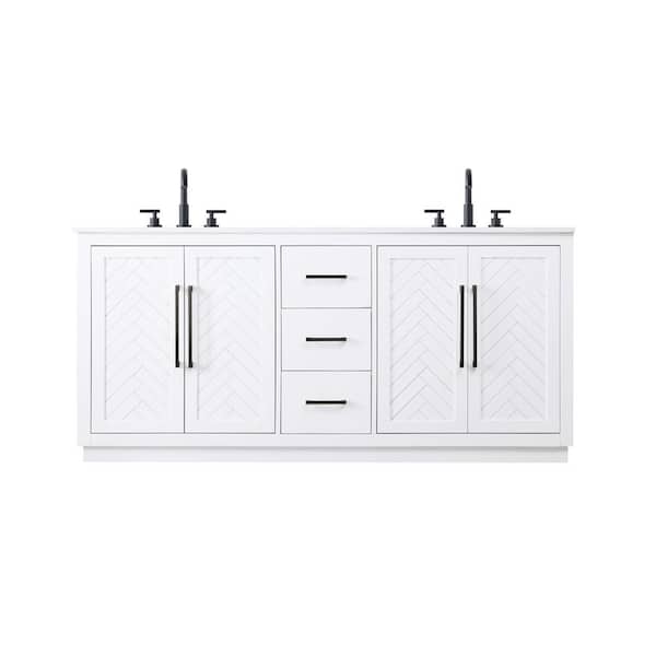 72 in. Double Sink White Bath Vanity with White Engineered Marble Top