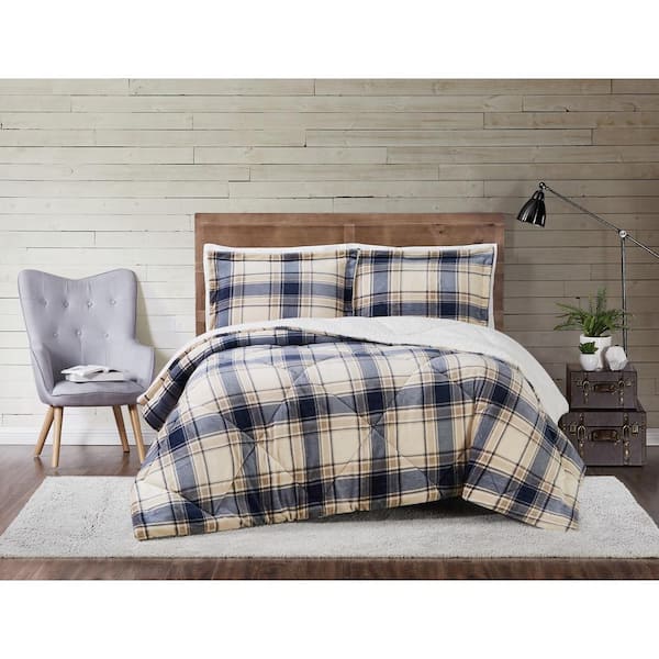 Truly Soft Cuddle Warmth Printed Plaid Blue and Grey Twin XL Comforter Set