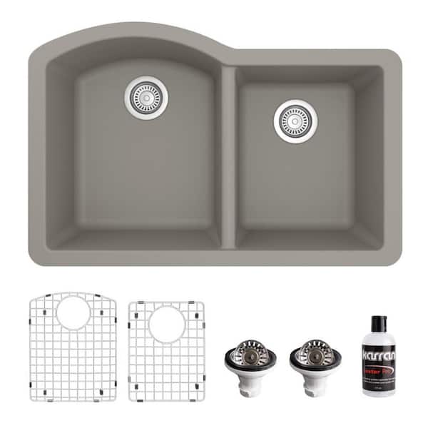 Karran QU-610 Quartz/Granite 32 in. Double Bowl 60/40 Undermount Kitchen Sink in Concrete with Bottom Grid and Strainer