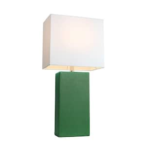 21 in. Modern Green Leather Table Lamp with White Fabric Shade