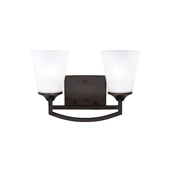 Generation Lighting Hanford 14 in. 2-Light Bronze Modern Transitional Wall Bathroom Vanity Light with Satin Glass Shades