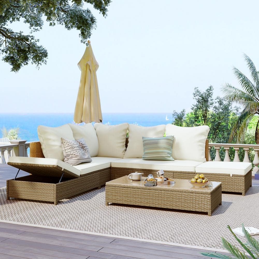 3-Piece Wicker Outdoor Patio Sectional Seating Set with Beige Cushions