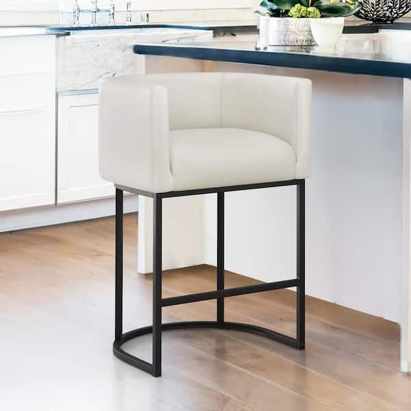 LUE BONA 26 in. Antique-White Low Back Bar Stool with Black Metal Frame Counter Height Faux Leather Counter Stool (Set of 1)
