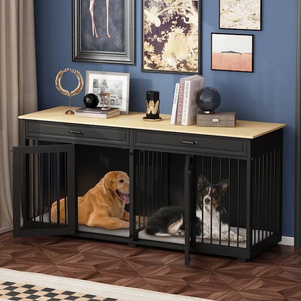 FUFU&GAGA 72 in. Furniture Style Dog Crate, Large Wooden Dog Kennel Drawers and Divider, Heavy Duty Dog House for 2-Dogs, Black