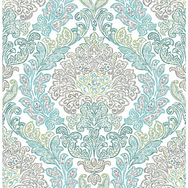 A-Street Prints Fontaine Teal Damask Teal Wallpaper Sample