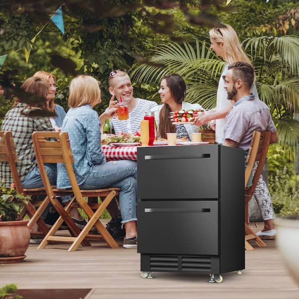 24 in. 4.9 cu. ft. Built-In Dual Drawer Fridge Outdoor Refrigerator in Black Stainless Steel with Wheels