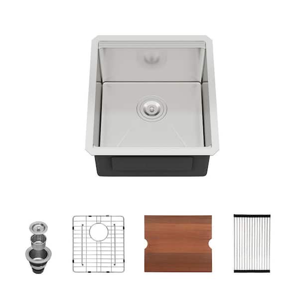 17 in. Undermount Workstation Bar Sink Brushed 16-Gauge Stainless Steel Prep Sink