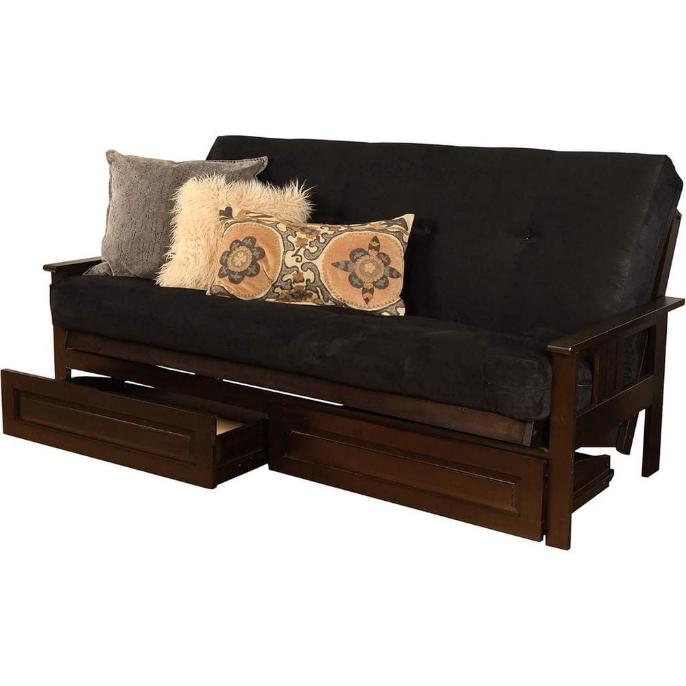 79 in. Espresso/Suede Black Polyester Upholstered Full Size Futon Set with Mattress and Storage Drawers