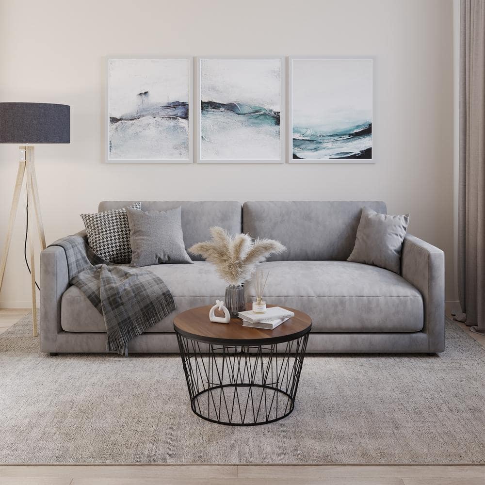 Mid-Century Modern Round Walnut & Black Coffee Table with Geometric Base